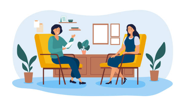 Women talking to psychotherapist concept Women talking to psychotherapist concept. Female character shares her mental problems and experiences with specialist. Therapy and improvement of emotional state. Cartoon flat vector illustration therapist clipart stock illustrations